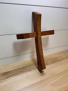 Curved Wood Wall Cross Christian 10.5” Handmade MCM Crucifix Simple Modern - Picture 1 of 7