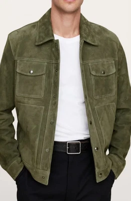 Causal Men Handmade Trucker Jacket Genuine Stylish Suede Leather Lambskin Green - Image 1 of 4