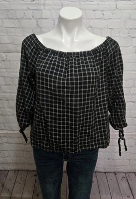 Madewell Black Plaid Peasant Top Homespun Colonial Windowpane Check Medium - Image 1 of 4