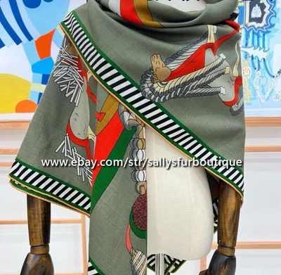 2025 Sallys 70% Cashmere 30% Silk Wrap Scarf Horses Print Double Face Shawl 53" - Image 1 of 4