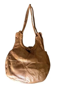 Vtg Leather Patchwork Sak Hobo Bag Boho 70s Hippie Double Handle Cognac Tan - Picture 1 of 13