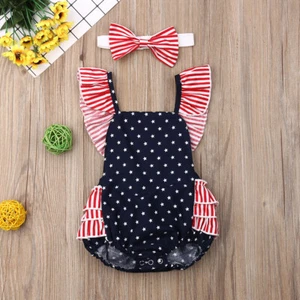 NEW Baby Girls Patriotic 4th of July Ruffle Romper Jumpsuit Headband Outfit Set - Picture 1 of 4