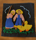 Finished Punch Needle Embroidery - Boy and Girl with Geese - on Suedette