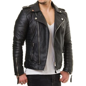 Men Motorcycle Genuine Lambskin Leather Jacket Black Slim fit Biker jacket - Picture 1 of 3