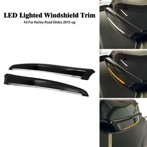 Black Windshield Trim w/ Turn Signal LED Light For Harley 2015-2023 Road Glide - Picture 1 of 19