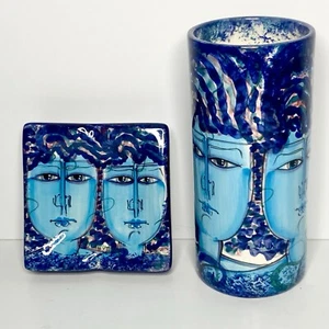 Arroyobe Suraj Vintage 1990er blaue Gesichter 7,5" Vase & passender Aschenbecher Costa Rica - Bild 1 von 9