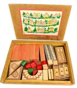 Vtg German 29-pc Wooden Construction Building Blocks w/Box ~ Brucken-Baukasten - Picture 1 of 12