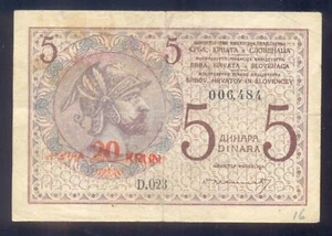 Yugoslavia 20 coronas en 5 Dinara ND (1919) P16 circuladas - Imagen 1 de 2