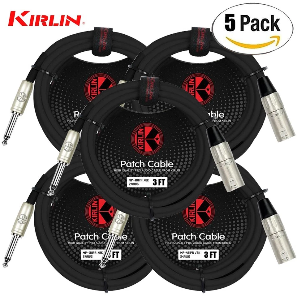 Kirlin MP-481PR-BK 3FT 2 Pack XLR 3-Pin Male 1/4" Mono Male Shielded Mic Cable