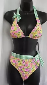 Malibu Dream Girl 2 Pc Suit Size L NWT Multi Floral Beaded Lined Nylon Spandex - Picture 1 of 12