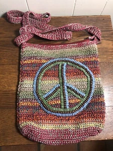 Vtg THE SACK BOHO Multicolor Crochet Wood Bead Crossbody Purse 10 x 11 - Picture 1 of 8
