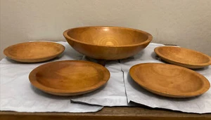 11" Munising Footed Round Wooden Wood Dough Bowl + 4 Small Munising Bowls - Picture 1 of 20