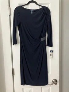 CHAPS  Dress Navy Blue Jersey Knit Sz M 3/4 Sleeves Sheath Ruched Waistline NWT - Picture 1 of 5