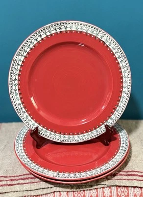 ANTHROPOLOGIE ELKA AYAKA  Ceramic 10 1/4" DINNER PLATES RED  SET /3 EUC/ RET - Image 1 of 4