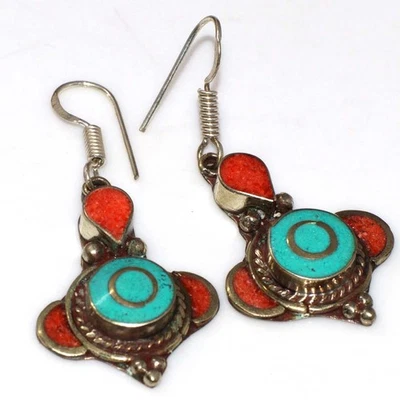 Nepali Tribal 20gms Tibetan Turquoise Red Coral Earrings Size 2" GW - Image 1 of 3