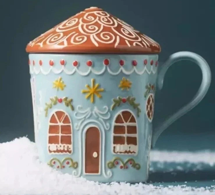 Anthropologie Ginger Stoneware Mug Light Blue New Lidded Gingerbread Cup NWT - Image 1 of 1