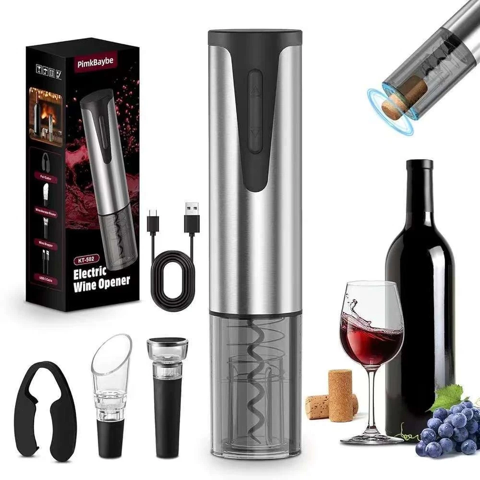 Abridor de Botellas de Vino Eléctrico, Sacacorchos Automático con Cortador de Lámina Tapón Vertedor Foto 1 de 4