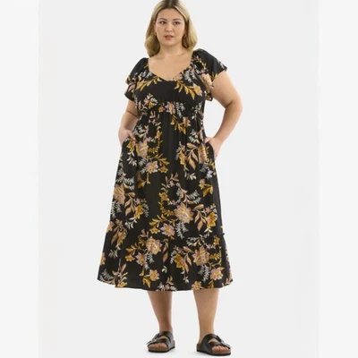 Vestido Midi Terra & Sky Tamanho 1X Preto Mostarda Floral Manga Flutter 16w - Imagem 1 de 4