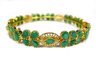 Estate 14.6CT Natural Emerald 22K Yellow Gold Leaf Motif Bangle Bracelet 24.3 g — 第 1/4 张图片