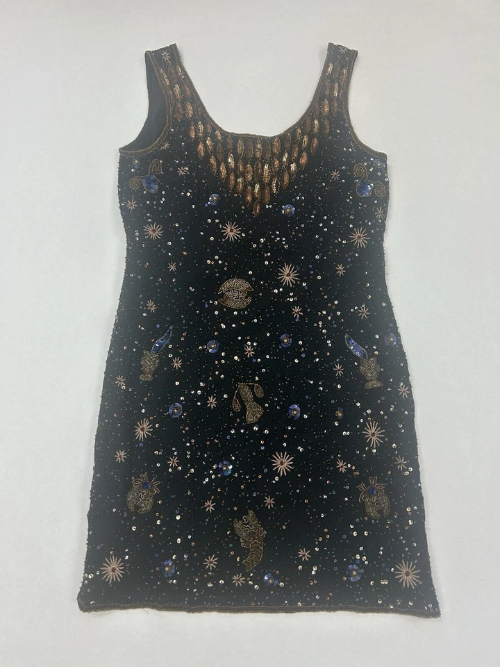 Vestido Midi Vintage Raro Astrología Lentejuelas Zodiaco Cuentas Juntos! Petite Foto 1 de 4