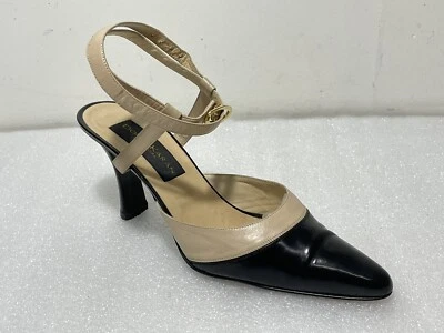 Donna Karen NY ~ Women's Black / Tan Leather Ankle Strap Heels ~ 8B ~ Italy Made Foto 1 de 4