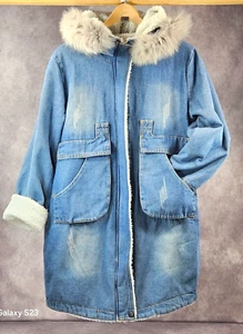 Women Winter Hooded Padded Denim Jacket Warm Coat Fur Lining - Picture 1 of 13