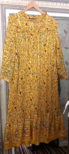 ZARA Ladies Yellow Mix Boho Wild Floral Folky Frill Detail Lined Midi Dress UK M - Picture 1 of 14
