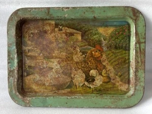Old Antique Tin Serving Plate Tray Old Print Litho Hen Bird Print tray Home Deco - Picture 1 of 4