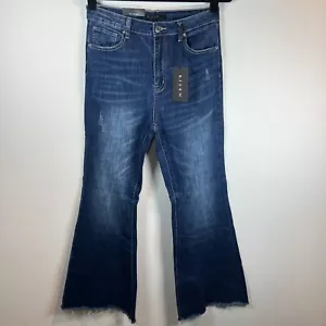 Risen Women's High Rise Flare Jeans Frayed Hem RDP1042 Blue Denim Wash 30x33 NWT - Picture 1 of 12