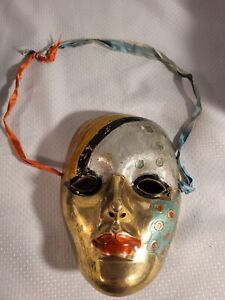 Vintage Solid Brass Wall Decor Painted Face Mask Mardi Gras Art 
