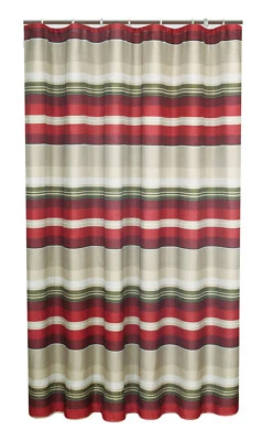 Cortina de ducha a rayas tostadas, blancas, verdes y rojas, ganchos a juego y dispensador de jabón Foto 1 de 4