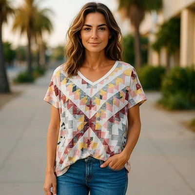 Top Chip & Pepper cuello en V estampado suroeste manga corta para mujer talla grande  Foto 1 de 4