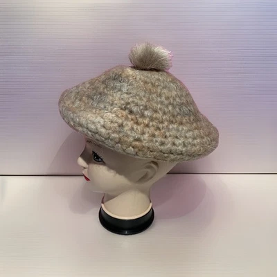 Vintage Hand-Crocheted Wool Beret Hat w/ Faux Fur Pom Pom – Chunky Knit  - Image 1 of 3