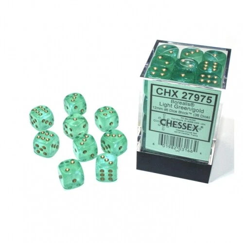 CHESSEX Würfel - 12mm - Borealis Light Green/gold LUMINARY (Würfelset 36 x W6) - leuchte