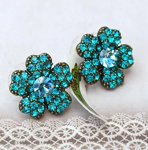 Michal Negrin Stud Earrings Turquoise Blue Flower Large Post & Swarovski Crystal - Picture 1 of 11