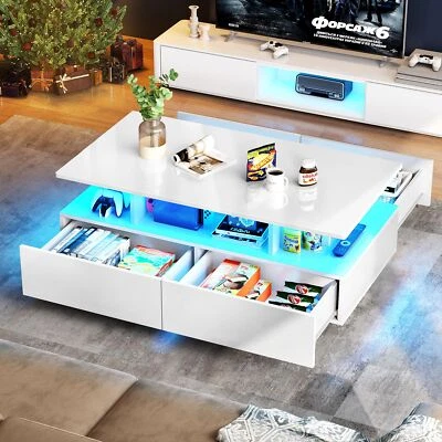 Modern Coffee Table High Gloss with LED Light & Storage Drawer Living Room White - Image 1 of 4