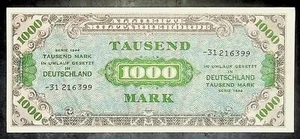 1944 Germay WW2 ALLIERTE MILITARBEHORDE 1000 Mark Banknotes UNC - Picture 1 of 2
