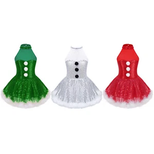 Kids Girls Costume Sundress Christmas Princess Snowman Mesh Dress Sequins Shiny - Picture 1 of 37