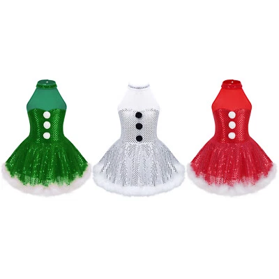 UK Kid Girls Christmas Snowman Dress Figure Ice Skating Dress Sequin Dance Dress - Image 1 of 4