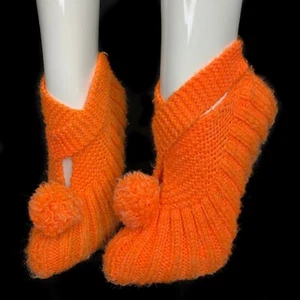 Vintage 50s Bright Orange Crochet Knit Soft Sole Pom Pom Bootie Slippers 60s - Picture 1 of 6
