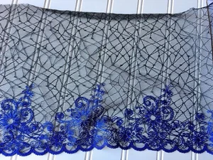 2 Pieces Black & Royal Blue Floral Embroidered Lace Trim /Sewing/Crafts/9" Wide - Picture 1 of 12