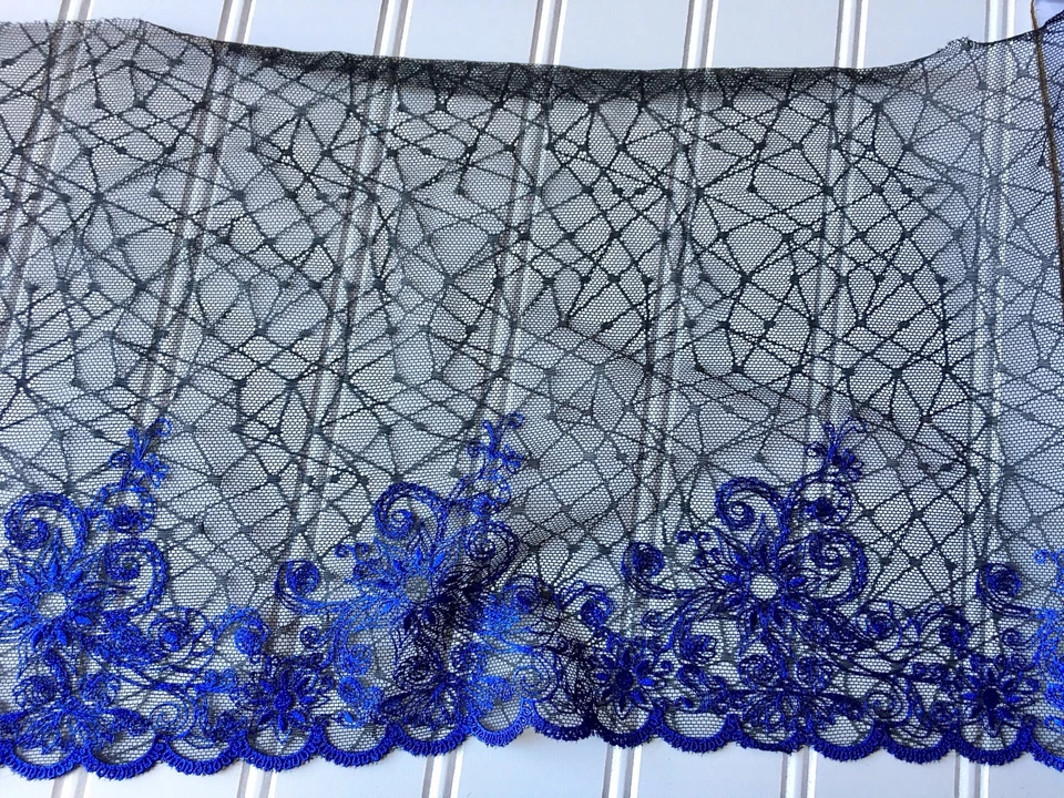 2 Pieces Black & Royal Blue Floral Embroidered Lace Trim /Sewing/Crafts/9" Wide - Image 1 of 4