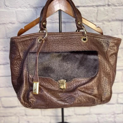 Aleanto Collezioni Italy Brown Leather Satchel Handbag Travel Tote With Fur Flap - Image 1 of 4