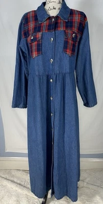 Vintage Large Shirt Dress Maxi Modest Western Prairie Homestead 80s Denim Plaid - Image 1 of 4