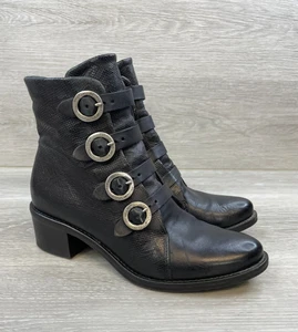 Miz Mooz Fawn Women's 8 Black Bootie Leather Boot Biker Ankle Comfort Buckle - Picture 1 of 11