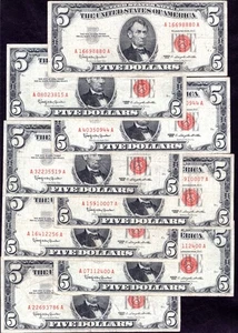 (TP) USA. Red Seal. 8 x $5 series 1963. VG to Fine. DY20872 - Picture 1 of 2