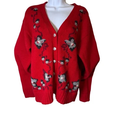 Cárdigan Suéter Rojo Bordado Floral Lana Shetland S Grandmacore Retro De Colección Foto 1 de 4