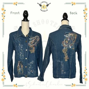 Schöne INDIGO MOON Denim Button Down Jacke mit Blumenstickerei Größe M - Bild 1 von 6