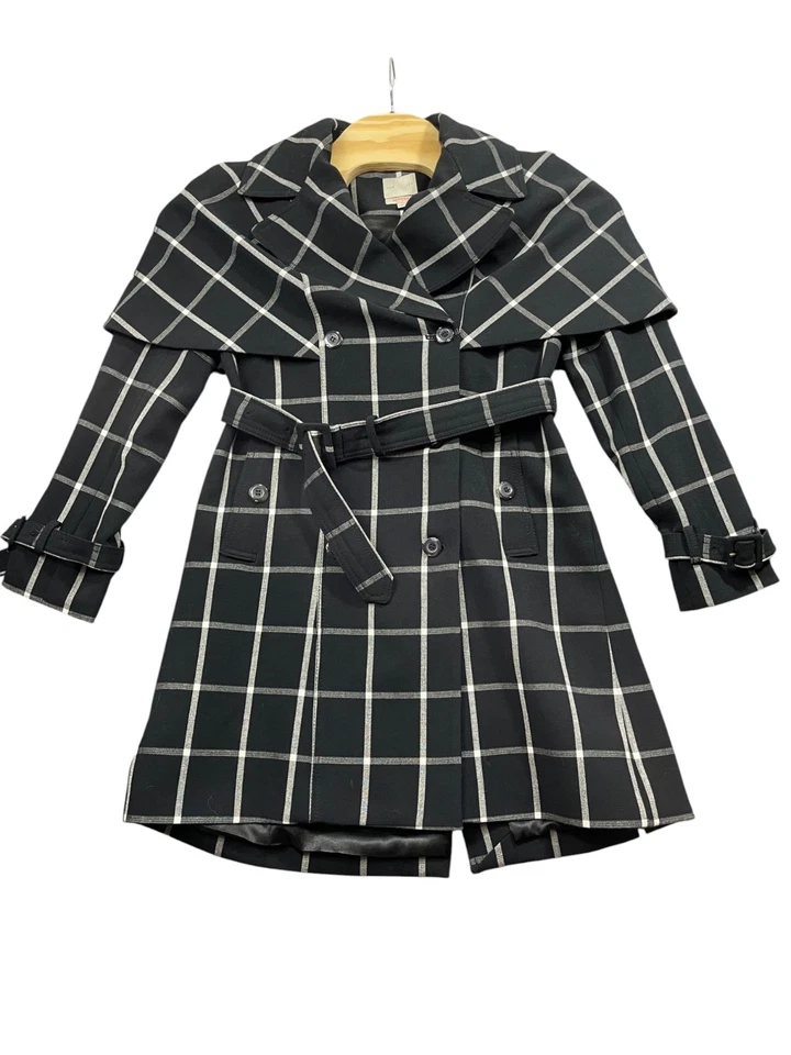The Limited Scandal Collection Black Plaid Drap Coat Small  Lined Belted Heavy - Image 1 of 4