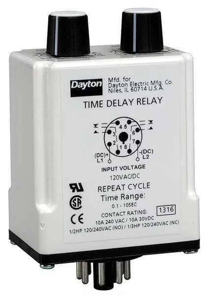 Dayton 24Ep34 Time Delay Rlay,24Vac/Dc,10A,Dpdt,3 Sec. - Image 1 of 1